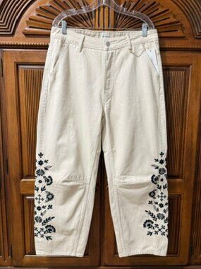 Driftwood Barbara Barrel Leg Ivory Jeans Black Embroidered Floral Boho 30 (34)